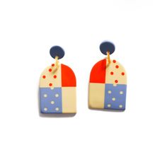 Sunshine Tienda® Arbor Earrings Playful Red Drop Earrings, Retro Blue Earrings For Pierced Ears, Playful Red Pierced Earrings, Playful Red Earrings For Pierced Ears, Retro Blue Drop Earrings, Playful Handmade Red Earrings, Fun Blue Drop Earrings, Chevron Cakes, Chevron Pants