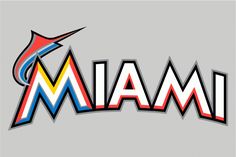 the miami marlins logo is shown on a gray background with red, yellow, and blue letters