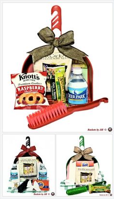 the contents of a gift basket are shown in three different pictures, including toothbrushes and soaps