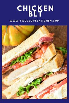 the chicken blt sandwich is cut in half and stacked on top of each other