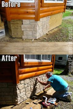 the before and after shots of a house being remodeled with wood siding, shingles and brick