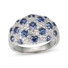 Striking blue and white come together in this fanciful domed cluster ring. Sterling silver Round-cut blue lab-created sapphires dot the cluster of white lab-created sapphires in a symmetrical pattern Blue Multi-stone Cluster Ring, Elegant Blue Gemstone Dome Ring, Elegant Blue Domed Sapphire Ring, Elegant Domed Blue Sapphire Ring, Fine Jewelry Blue Sapphire Cluster Ring, Blue Sapphire Cluster Ring Fine Jewelry, Blue Cluster Fine Jewelry, Blue Domed Gemstone Ring, Blue Round Jewelry With Pave Setting