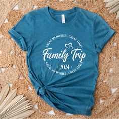 Family Trip 2024 Shirt, Summer Trip Shirts, Vacations Shirt,  Family Trip Tee, Travel Family shirt, Summer Trip Shirt, Family Vacation How to Order?  1-Choose your t-shirt color, 2- Choose your size, 3- Select the quantity, 4- Click Add to Cart.  Production and shipping: * 100% airlume combed and ring-spun cotton, 32 singles 4.2 oz. * Solid colors are %100 cotton * Heathers are %52 cotton %48 polyester * Athletic Heather is combed and ring-spun cotton, 10% polyester * Seamless collar * Heat tran Vacation Family Shirts, Crew Neck Shirt With Letter Print For Family Reunion, Blue Custom Print Tops For Family Reunion, Graphic Print Crew Neck Shirt For Family Reunion, Family Reunion Short Sleeve Shirt With Letter Print, Blue Top With Letter Print For Family Reunion, Blue T-shirt With Letter Print For Family Reunion, Short Sleeve Shirt With Letter Print For Family Reunion, Blue Graphic Print Top For Family Reunion