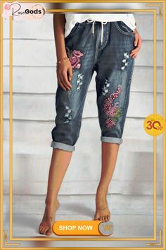 Embroidered Casual Denim Jeans Embroidered Denim Blue Casual Bottoms, Casual Embroidered Denim Blue Bottoms, Casual Embroidered Relaxed Fit Jeans, Casual Embroidered Dark Wash Bottoms, Casual Denim Bottoms With Floral Embroidery, Casual Dark Wash Embroidered Bottoms, Casual Blue Embroidered Jeans, Summer Floral Embroidery Denim Blue Jeans, Embroidered Denim Blue Jeans For Summer