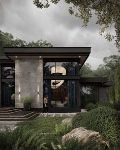 a rendering of a modern house in the middle of some trees and bushes, with a person standing outside