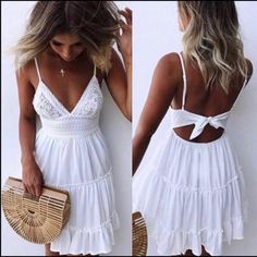 White Dress Bohemian Tiered Mini Dress For Beach, Bohemian Tiered Mini Dress For Vacation, Sleeveless Boho Summer Dress For Brunch, Sleeveless Summer Boho Dress For Brunch, Chic Boho Beach Dress With Ruffles, Bohemian Dress With Spaghetti Straps And Ruffles, Bohemian Spaghetti Strap Dress With Ruffles, Summer Boho Dress With Ruffle Hem And Flowy Fit, Tiered Ruffle Boho Dress For Summer