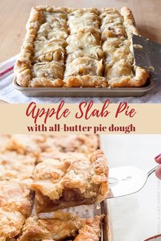 apple slabs pie with all butter pie dough on top and below the same image