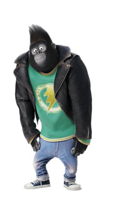 a gorilla in a green shirt and jeans standing with his hands in his pockets while wearing a black leather jacket