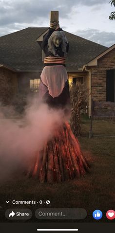 Unsettling Halloween Decorations, Burning Witch Halloween Decoration, Creepy Witch Halloween Decorations, Halloween House Decorations Outdoor Scary, Witch Themed Haunted House, Creepy Halloween House Exterior, Scary Front Yard Halloween Ideas, Halloween Witch Theme Outdoor, Halloween Carport Ideas