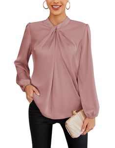 PRICES MAY VARY. 💖This business blouse is made from a smooth and supple, lightweight fabric which non-elastic and free-wrinkle,cozy and stylish 👗Feature: Twist neckline, teardrop button at the back, pull on shirts,loose fit, solid color, lantern long sleeves blouse top for women 💋Elegant and casual style.Mock neck long sleeve blouse pair with variety of jeans, pencil skirt, pants, high heels for a vintage or office lady look that's easy to love all season 💃Occasion: Solid satin blouses top f Professional Blouses, Evening Suit, Uniform Ideas, Twist Front Top, Classic Blouses, Neckline Designs, Stylish Blouse, Elegant Blouses, Blouse Tops