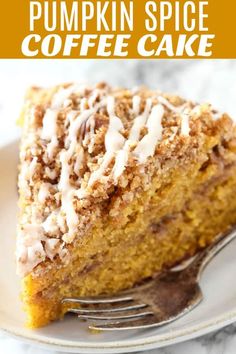 a slice of pumpkin spice coffee cake on a plate