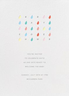 a white card with multicolored rain drops on it and the words baby shower