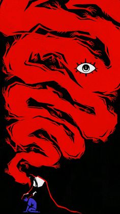 a red and black poster with an eye in it