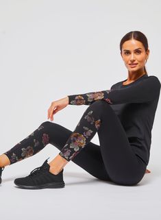 These limited edition stunners add just the right amount of pizazz to your active style. The Rhinestone Leggings are made out of compressive interlock fabric and are designed without a seam on the outside for comfort. This style has been through over 20+ wash and dry cycles in testing so you can feel confident that the crystals will maintain their brilliance and hold to the fabric. Rise: High Length: Ankle Fit: True to size - model is 5'10" and wearing a size S Fabric: 75% Nylon, 25% Lycra Rhinestone Leggings, Active Style, Black Rainbow, Black Rose, Feel Confident, Black Leggings, Long Sleeve Tops, Limited Edition, Leggings