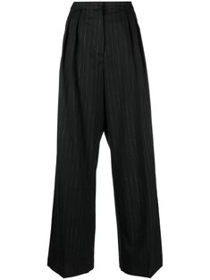 black/grey virgin wool blend vertical stripe pattern pleat detailing concealed front fastening high-waisted wide leg straight hem Striped Wide Leg Trousers, Pinstripe Trousers, Black Wide Leg Trousers, Classic Outfit, Trouser Outfits, Striped Wide Leg Pants, Silk Trousers, Pantalon Large, Pleated Pants