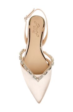 A string of jewels are like a royal crown on the vamp of this pointy-toe flat secured by a slender slingback strap. Adjustable slingback strap with buckle closure Lightly cushioned insole Synthetic or textile upper/synthetic lining/rubber sole Imported Women's Shoes Bride Shoes Flats, Bridesmaid Shoes Flat, Wedding Flats For Bride, Bride Flats, Taupe Wedding, Pink Wedding Shoes, Dressy Flats, Jewel Badgley Mischka, Groom Shoes