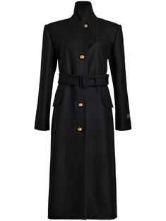 black wool high neck long sleeves front button fastening belted waist two side flap pockets straight hem Tailored Coat, City Dress, High Neck Long Sleeve, Coat Design, Coat Black, Summer Beach Wear, Black Wool, Coat Dress, Black Coat