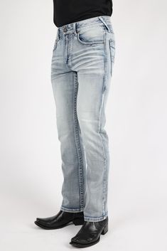 SIZE CHART Measurements: Model is wearing size 32x32 Fabric: Cotton/Spandex Fit: Slim Boot-cut About: Platini Holt Slim Boot-Cut Jeans is a cowboy-approved wardrobe staple. This updated classic, features simple stitching styling and streamlined silhouette through the seat, thigh, and knee, but the leg widens from the knee downward, which is good news for boots. Details & Features: Slim Boot-cut Simple stitching Cotton/Spandex Zipper closure 4 Pockets Machine Wash Imported Fitted Jeans With Five Pockets For Ranch, Fitted Denim Blue Bottoms For Rodeo, Western Style Fitted Full-length Jeans, Fitted Full-length Western Jeans, Fitted Full Length Western Jeans, Fitted Straight Leg Jeans For Ranch, Fitted Western Denim Blue Bottoms, Fitted Western Style Denim Blue Bottoms, Fitted Denim Blue Western Bottoms