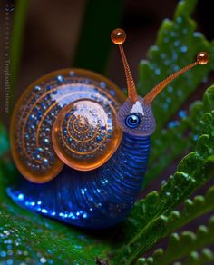 a blue and orange snail sitting on top of a green leaf covered in water droplets