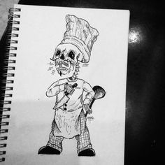 a drawing of a skeleton wearing a chef's hat