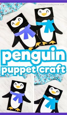 the penguin puppet craft is made with paper, scissors and glue to make it look like penguins