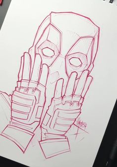 a drawing of a deadpool with red lines on it's face and hands