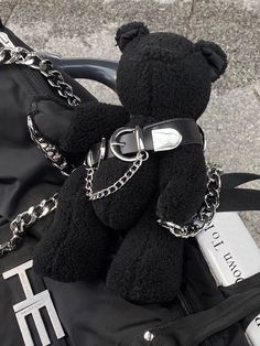 Dimensions: 10.2 in | 26 cm Including Metal chain: 47.2 in | 120 cm Belt buckle: can be adjustable The Black Bear Plush Toy can be worn as a bag with the chain, but please note that there is no pocket, only use it as an accessory. The belt buckle can be used as a choker, buckle thigh strap, various wearing methods. Black Chain Belt As Fashion Accessory, Trendy Black Chain Belt With Chain Strap, Adjustable Black Chain Link Belt, Teddy Bear Aesthetic, Creepy Stuffed Animals, Bear Aesthetic, Black Teddy Bear, Aesthetic Grunge Outfit, Estilo Punk