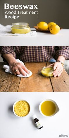 beeswax wood treatment recipe with lemons on the table and in bowls next to it