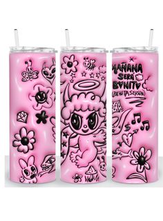 three pink tumblers with designs on them, one has an animal and the other has flowers