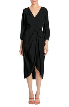 Blouson sleeves adorn a draped faux wrap front dress that ties with a large-scale bow along the side. 47" length (size 8M) V-neck Long sleeves Back zip closure Partially lined Self: 97% polyester, 3% spandex; Lining: 100% polyester Machine wash; lay flat Imported Model stats: 5'10" height, 32" bust, 25" waist, 36" hip. Model is wearing size 8M Fitted Wrap Dress With Draped Sleeves For Party, Elegant Wrap Dress With Asymmetrical Hem For Date Night, Elegant Asymmetrical Wrap Dress For Evening, Elegant Asymmetrical Evening Wrap Dress, Formal Midi-length Faux Wrap Dress, Wrap Dress With Draped Sleeves For Party, Formal Faux Wrap Midi Dresses, Formal Midi Length Faux Wrap Dress, Party Wrap Dress With Draped Sleeves