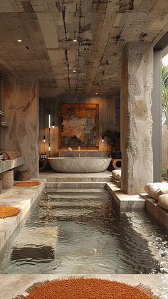 an indoor bathroom with a large tub and orange rugs