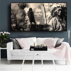 Native American 30x60cm  no frame Native American Black & White Indian Painting Canvas Native American Chief, Indian Painting, Scandinavian Wall, Black And White Wall, Portrait Canvas, Black And White Wall Art, Black And White Canvas, Living Room Pictures