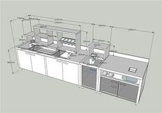 a drawing of a kitchen with an island and stove top ovens, sink, dishwasher, cabinets, and drawers