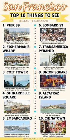 the top 10 things to see in san francisco, california info sheet with pictures and text