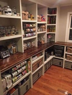 an organized pantry with lots of shelves and bins on each side, filled with food