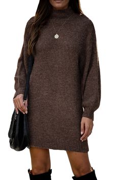 Brown Mock Neck Lantern Sleeves Sweater Dress Casual Brown Winter Dress, Casual Long Sleeve Brown Mini Dress, Solid Crew Neck Winter Dresses, Oversized Brown Dress For Winter, Long Sleeve Solid Sweater Dress For Fall, Long Sleeve Sweater Dress In Solid Color For Fall, Casual Brown Sweater Dress, Oversized Winter Mini Dress, Long Sleeve Shift Dress For Fall