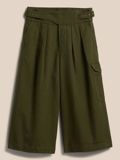 Evoke an adventuresome spirit, this explorer pant mixes utilitarian details with a high-rise-silhouette and flowing, wide-leg for feminine appeal.  Finished with a sturdy double-belted closure, these culottes make an easy choice for warm-weather days Versatile Belted Wide Leg Pants, Utility High Waist Wide Leg Work Pants, Spring Utility Wide Leg Work Pants, Spring Utility Wide Leg Pants For Workwear, Utility Wide Leg Pants For Spring, Spring Khaki Wide Leg Pants With Belt Loops, Spring Utility Style Wide Leg Pants In Khaki, Summer Utility Wide Leg Pants, Spring Utility Parachute Pants For Workwear