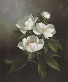 a painting of white flowers on a black background