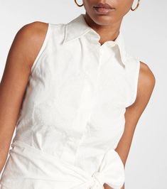 Cotton Tie Waist Blouse in White - Etro | Mytheresa Elegant Sleeveless Tops With Tie Waist, Elegant Summer Blouse With Tie Waist, Chic Sleeveless Top With Tie Waist, Fitted Sleeveless Tie Waist Tops, Fitted Sleeveless Top With Tie Waist, Fitted Cotton Blouse With Tie Waist, Fitted White Blouse With Tie Waist, Elegant White Top With Tie Waist, White Fitted Blouse With Tie Waist