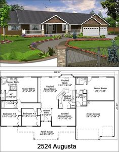 two story house plans with garage and living room on the first floor, along with an attached