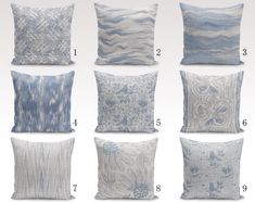 six pillows with different patterns on them, all in shades of blue and greys