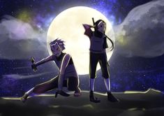 two cartoon characters standing in front of a full moon