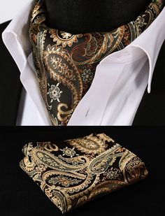 RF401D Gold Orange Paisley Silk Cravat Scarves Ascot Tie Hanky Handkerchief Set #SetSense #Ascot Gentleman Mode, Men's Outfits, Paisley Floral