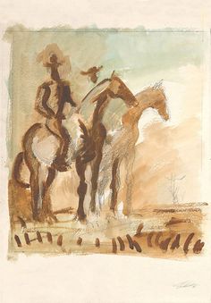 a drawing of two people riding horses in the desert