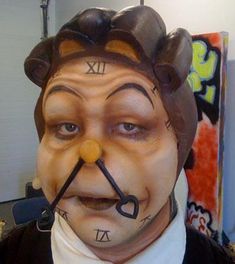 This Cogsworth appliance was designed for local productions of Beauty and the Beast. Comes in multiple pieces; the brow, the nose, the head cowl, and plastic clock hands designed to fit the receivers on the facial prosthetic to give him his specific mustache look. The reusable cowl is made from casting latex and is designed to work with the facial prosthetic to create a full head, seamless character.All pieces come unpainted but will come in a flesh tone similar to what's pictured. The clock han Fantasy Make-up, Beauty And The Beast Costume, Beast Costume, Theatre Makeup, Special Fx Makeup, Theatrical Makeup, Halloween Tattoo, Character Makeup, Special Effects Makeup