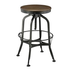 an adjustable stool with wooden seat and metal frame