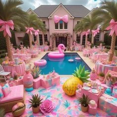 a pool decorated in pink and blue with pineapples, flamingos, palm trees, and other decorations