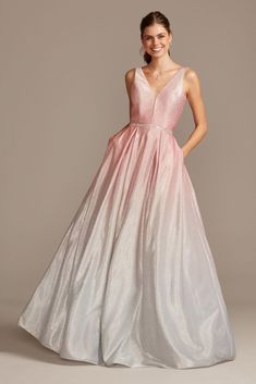 Floral Embellished Spaghetti Strap Lace-Up Gown | David's Bridal Gradient Dress, Extra Dress, Satin Ball Gown, Elegant Ball Gowns, Crystal Belt, Glitter Ombre, Sequin Gown, Belt Style, Grad Dresses