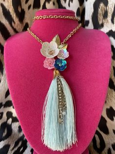 Betsey Johnson Beach Party Sequin Flower Light Blue Tassel Leaf Long Necklace | eBay Spring Party Blue Jewelry, Adjustable Bohemian Flower Necklace For Party, Bohemian Adjustable Flower Necklace For Parties, Bohemian Jewelry For Spring Party, Spring Party Jewelry With Flower Charm, Spring Flower Charm Jewelry For Parties, Spring Party Jewelry With Flower Decoration, Spring Bohemian Vacation Necklaces, Trendy Spring Jewelry With Tassels