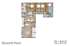 the ground plan for an apartment with three bedroom and two bathrooms, one living room